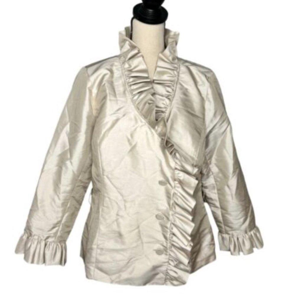 Calvin Klein Cream Ruffle Detail Long Sleeve Blazer Jacket Women's Size Large